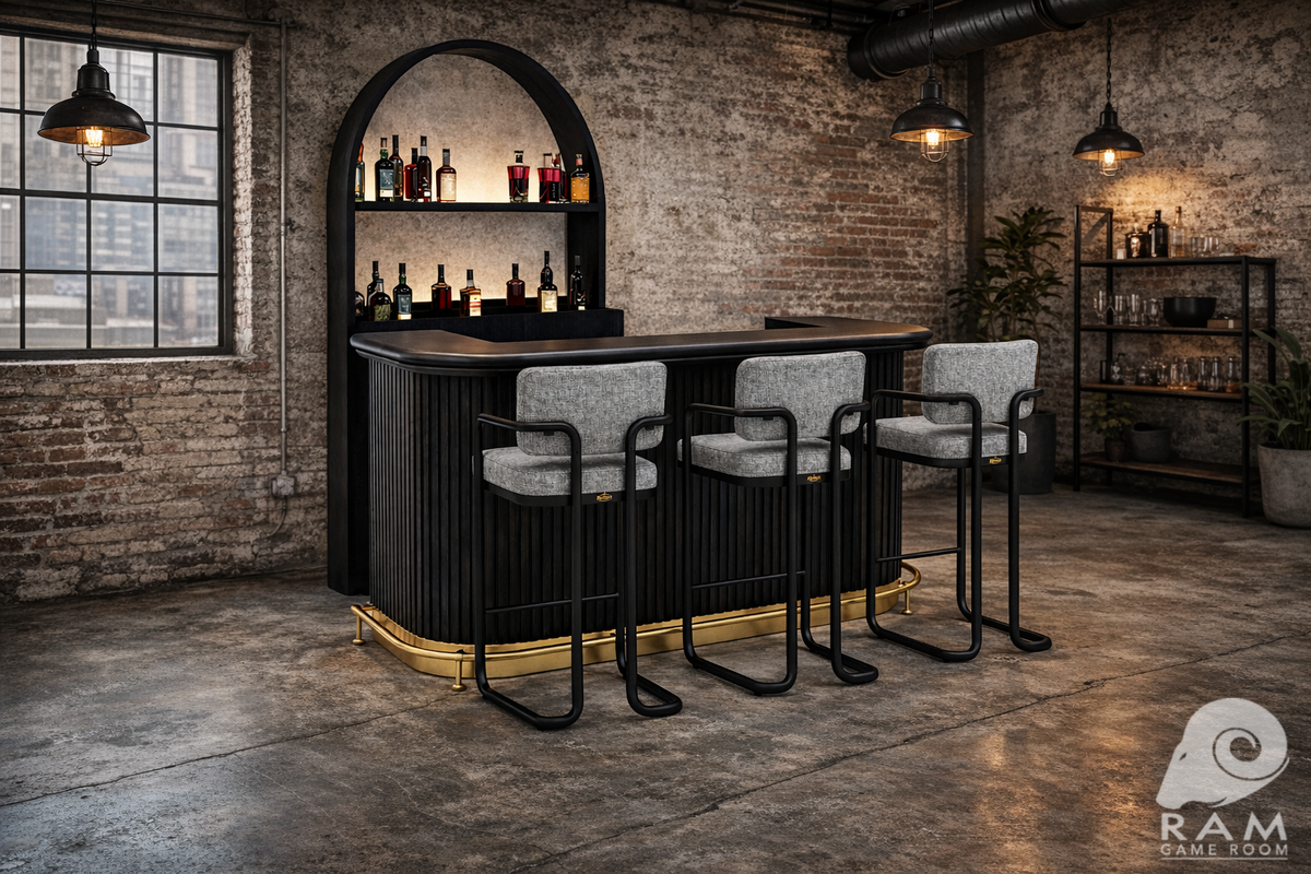 PROHIBITION SERIES 60" BAR FOOT RAIL - PROBAR60-B + PROBACBAR + FOOTRAIL + VINTAGE GREY STOOLS x3 (INDUSTRIAL LOFT)