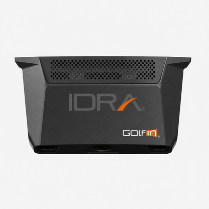 Black Golf Launch Monitor with 'IDRA' and 'Golfin' branding on a white background