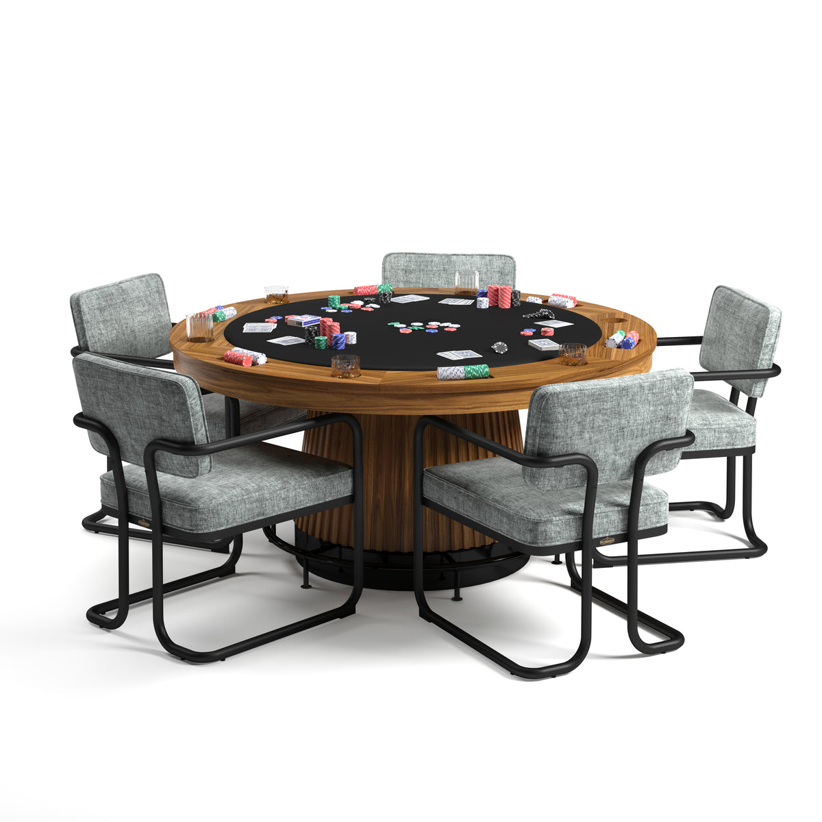 PROHIBITION SERIES 60" POKER TABLE FOOTRAIL - PRO60TBL-W with grey chairs and footrail