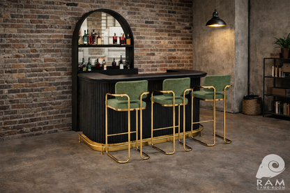 PROHIBITION SERIES 60" BAR FOOT RAIL - PROBAR60-B + PROBACBAR + FOOTRAIL + VINTAGE GREEN STOOLS x3 (INDUSTRIAL LOFT)