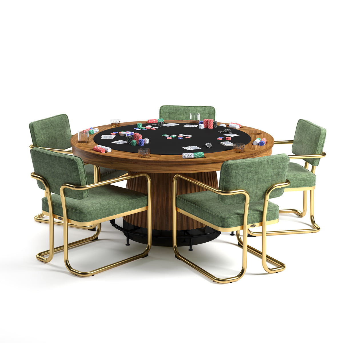 PROHIBITION SERIES 60" POKER TABLE FOOTRAIL - PRO60TBL-W with green chairs and footrail