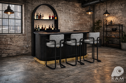 PROHIBITION SERIES 60" BAR FOOT RAIL - PROBAR60-B + PROBACBAR + FOOTRAIL + VINTAGE GREY STOOLS x3 (INDUSTRIAL LOFT)