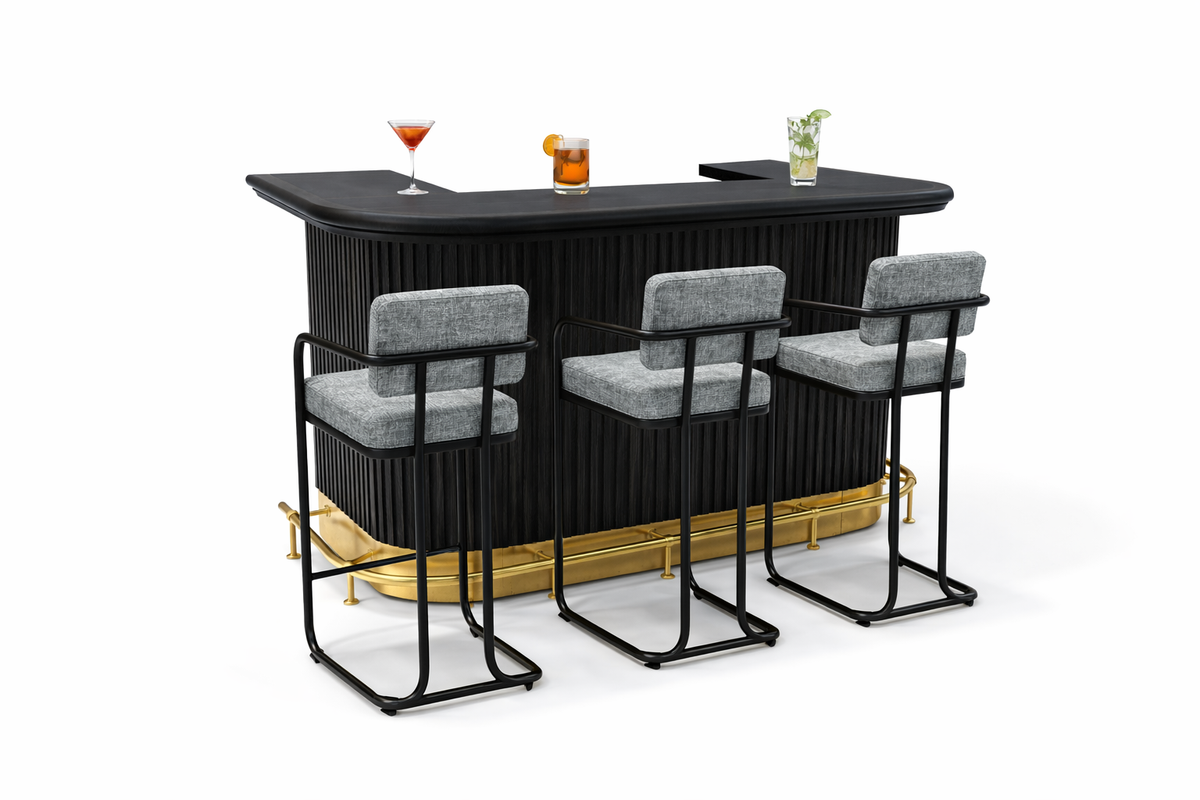 PROHIBITION SERIES 60" BAR FOOT RAIL - PROBAR60-B + FOOTRAIL + VINTAGE GREY STOOLS x3