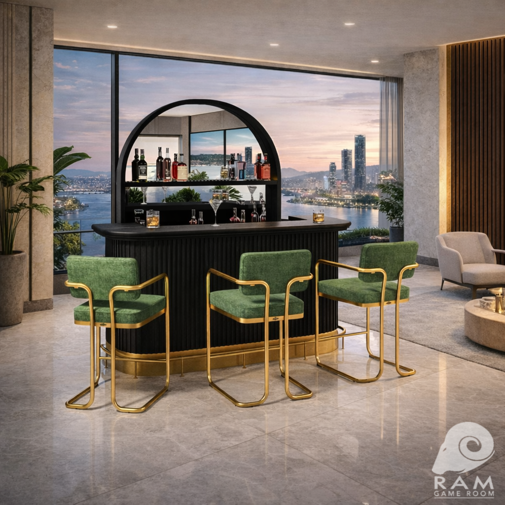PROHIBITION SERIES BARSTOOL W/ARMS - PROBAR84-B + FR-BR + PROBACBAR-B + PROBSTL2ARMS-GRN x3 SET