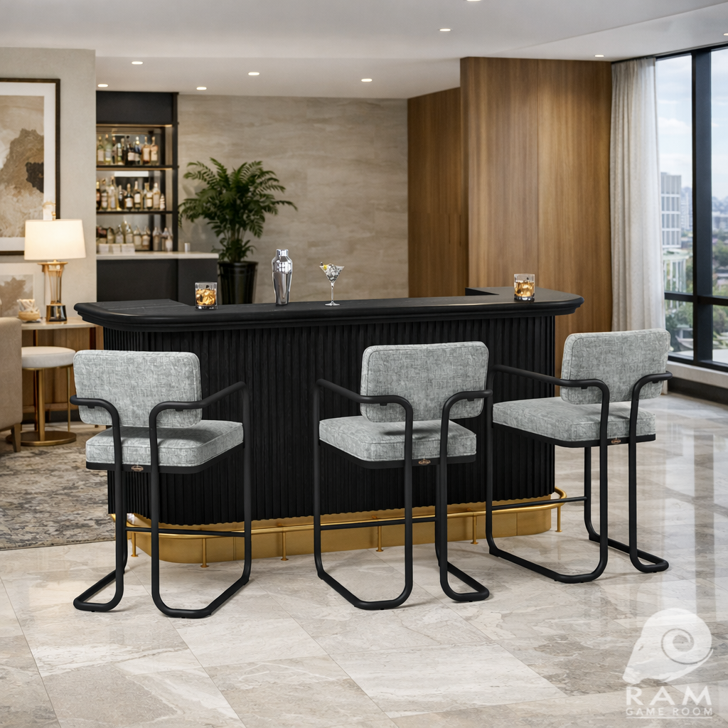 PROHIBITION SERIES BARSTOOL W/ARMS - PROBAR84-B + FOOTRAIL-BR + PROBSTL2ARMS-GRY x3 SET