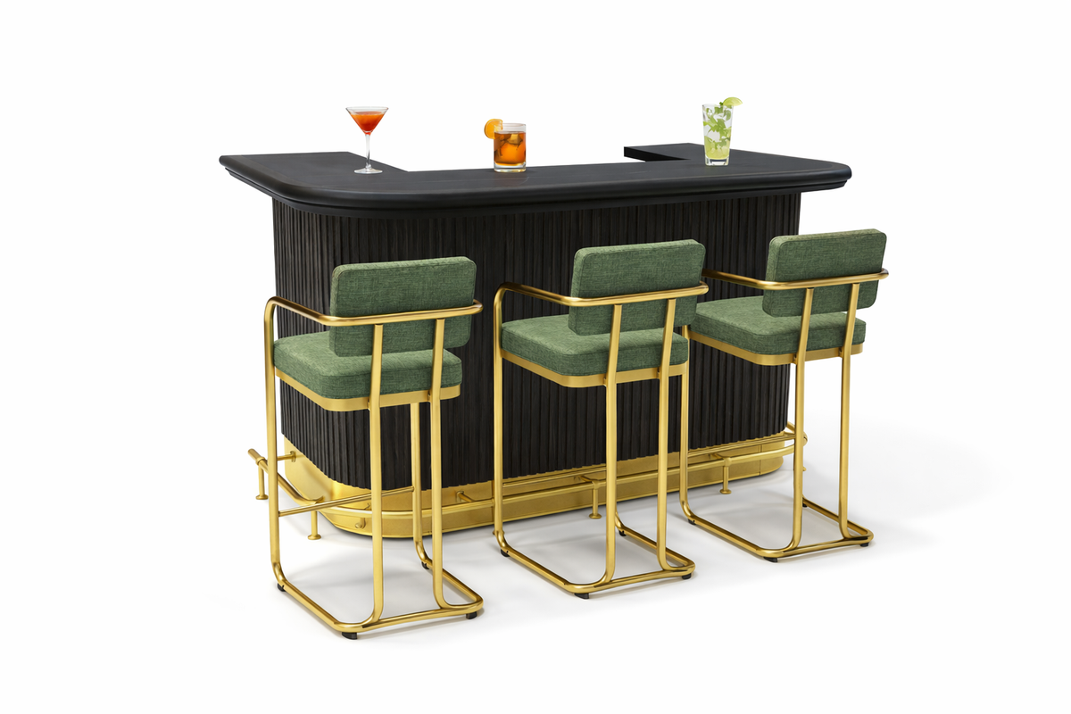 PROHIBITION SERIES 60" COCKTAIL BAR - PROBAR60-B + FOOTRAIL + VINTAGE GREEN STOOLS x3