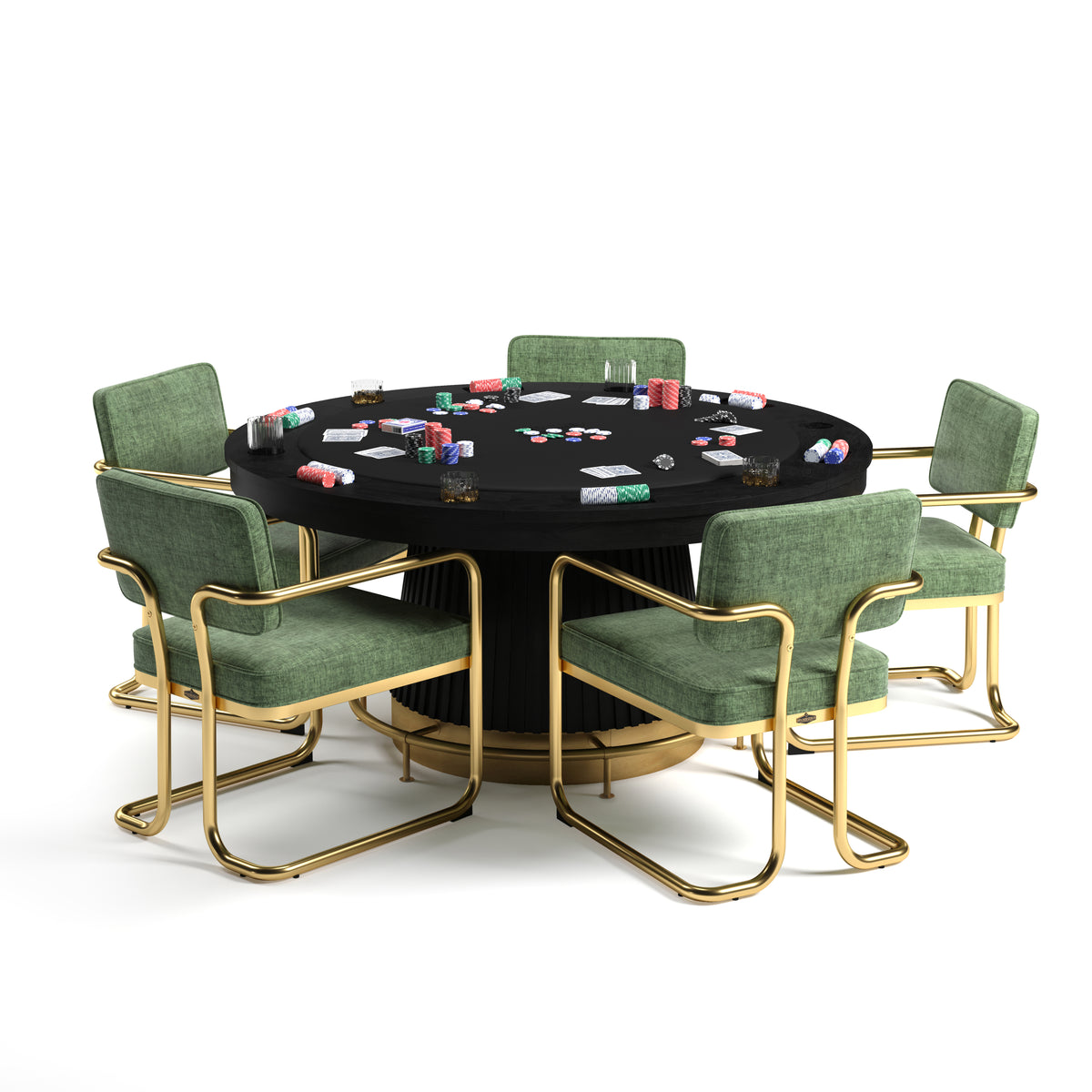 PROHIBITION SERIES 60" POKER TABLE FOOTRAIL - PRO60TBL W green Chairs and Foot Rail