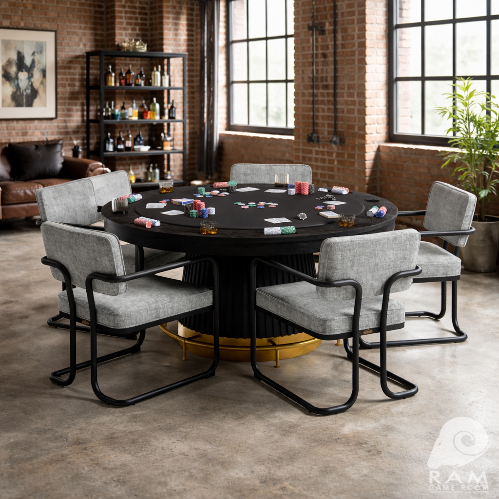 PROHIBITION SERIES 60" POKER TABLE FOOTRAIL - PRO60TBL-B + PRODCHR-GRY x5 WITH FOOTRAIL-BR SET