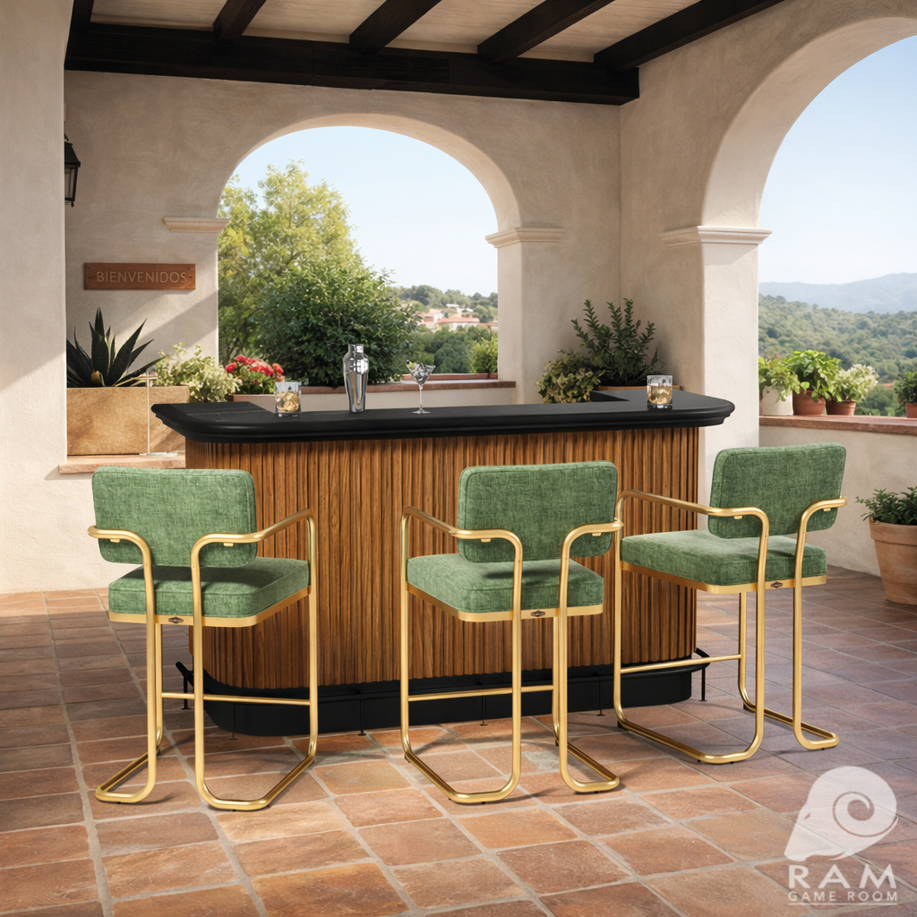 PROHIBITION SERIES BARSTOOL W/ARMS - PROBAR84-W + FOOTRAIL-BL + PROBSTL2ARMS-GRN x3 SET