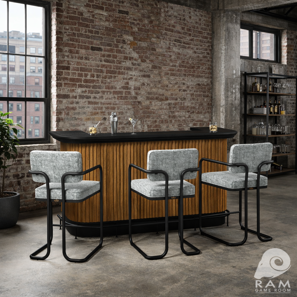 PROHIBITION SERIES 84" COCKTAIL BAR - PROBAR84-W + FOOTRAIL-BL + PROBSTL2ARMS-GRY x3 SET