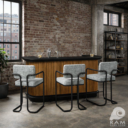 PROHIBITION SERIES 84" COCKTAIL BAR - PROBAR84-W + FOOTRAIL-BL + PROBSTL2ARMS-GRY x3 SET