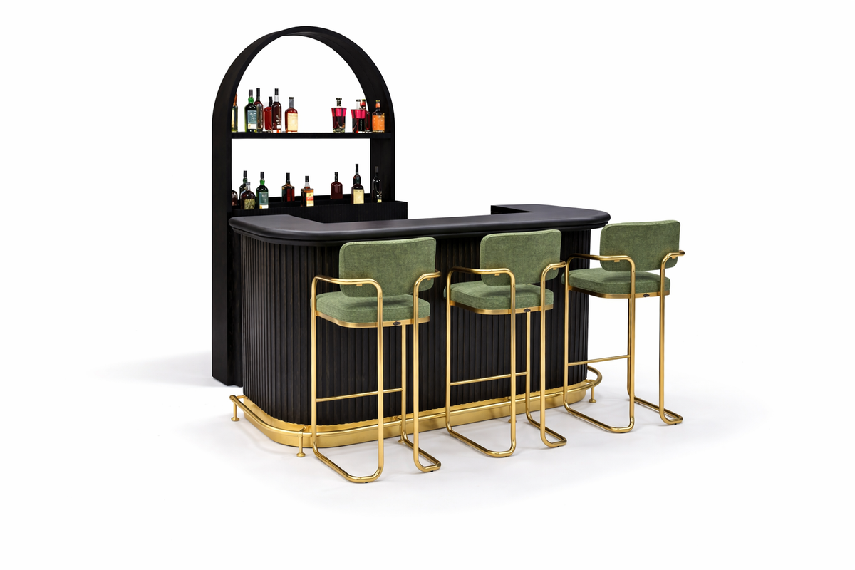 PROHIBITION SERIES 60" COCKTAIL BAR - PROBAR60-B + PROBACBAR + FOOTRAIL + VINTAGE GREEN STOOLS x3