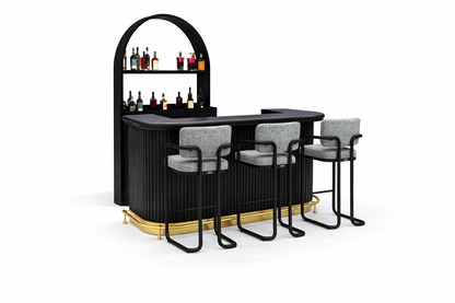 PROHIBITION SERIES 60" COCKTAIL BAR - PROBAR60-B + PROBACBAR + FOOTRAIL + VINTAGE GREY STOOLS x3