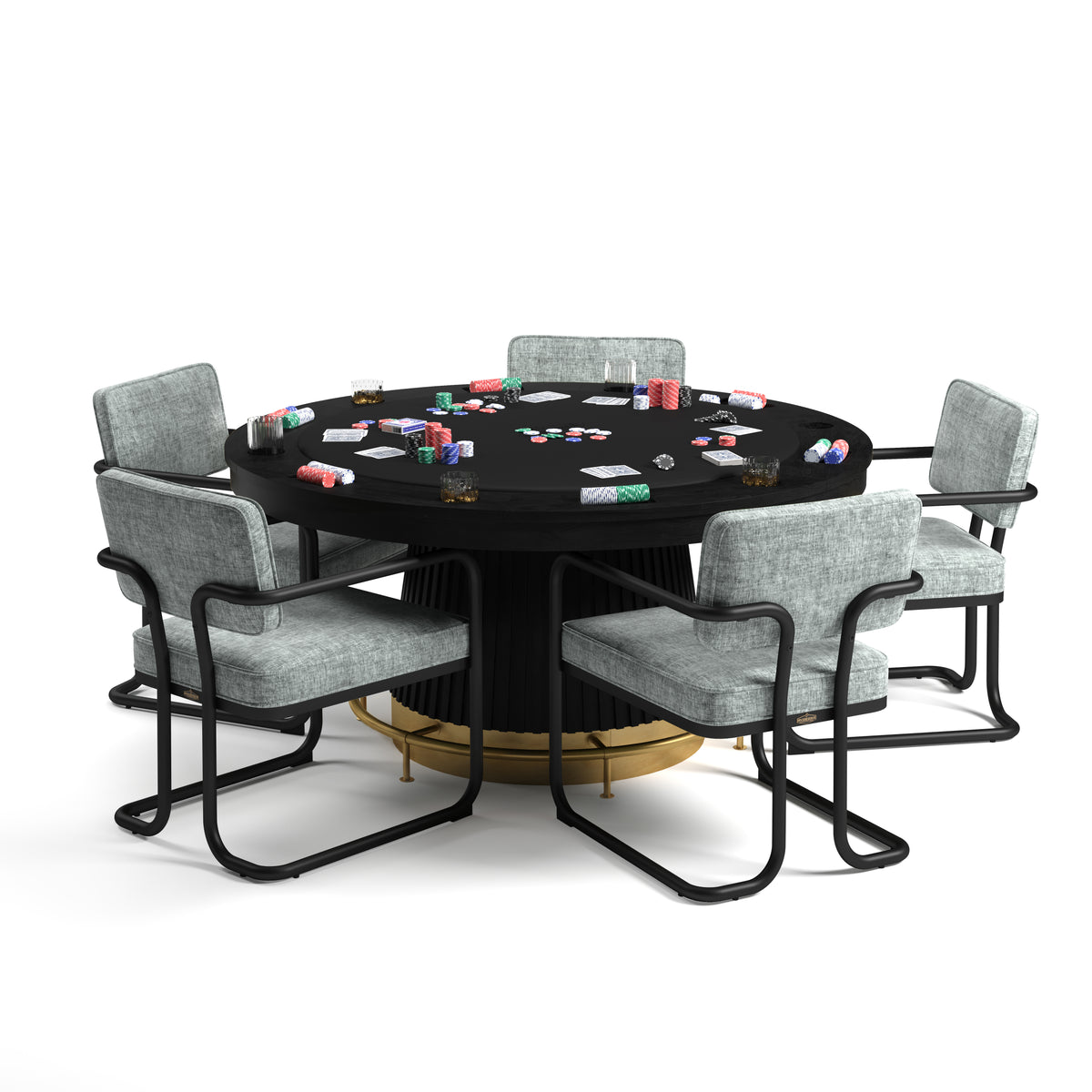 PROHIBITION SERIES 60" POKER TABLE FOOTRAIL - PRO60TBL-B with footrail and grey chairs