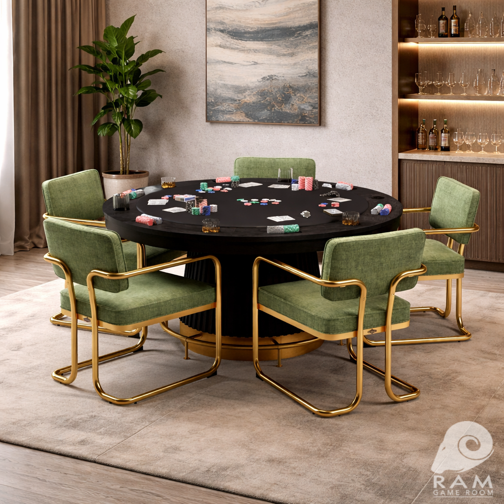 PROHIBITION SERIES 60" POKER TABLE FOOTRAIL - PRO60TBL-B + PRODCHR-GRN x5 WITH FOOTRAIL-BR SET